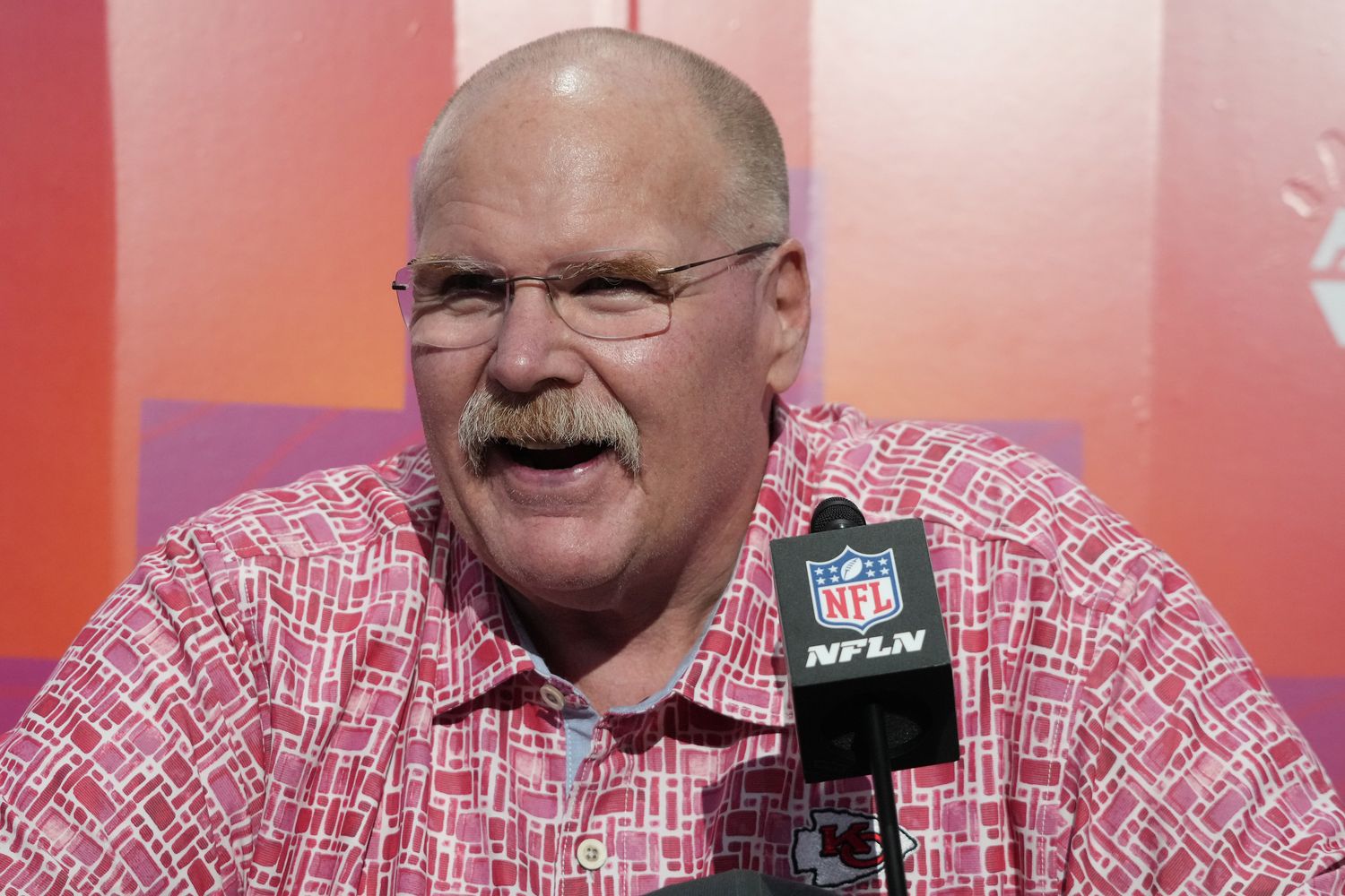 Feb 6, 2023; Phoenix, AZ, USA; Kansas City Chiefs head coach Andy Reid speaks with media during Super Bowl Opening Night at Footprint Center. Mandatory Credit: Kirby Lee-USA TODAY Sports